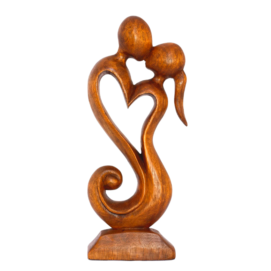 Hand Carved Natural Suar Wood Heart Statuette - Two Loves in Brown