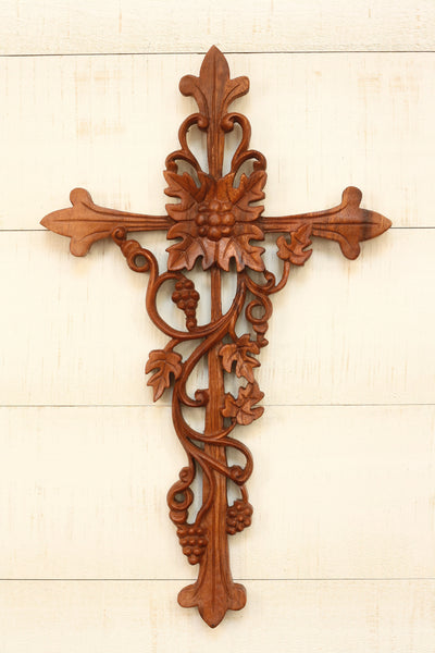 16" Wooden Hand Carved Curling Vines Cross Wall Plaque Relief Panel Hanging Sculpture Handcrafted Gift Art Home Decor Accent Decoration Handmade