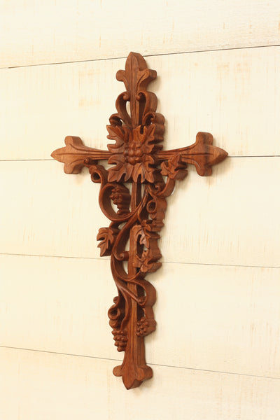 16" Wooden Hand Carved Curling Vines Cross Wall Plaque Relief Panel Hanging Sculpture Handcrafted Gift Art Home Decor Accent Decoration Handmade