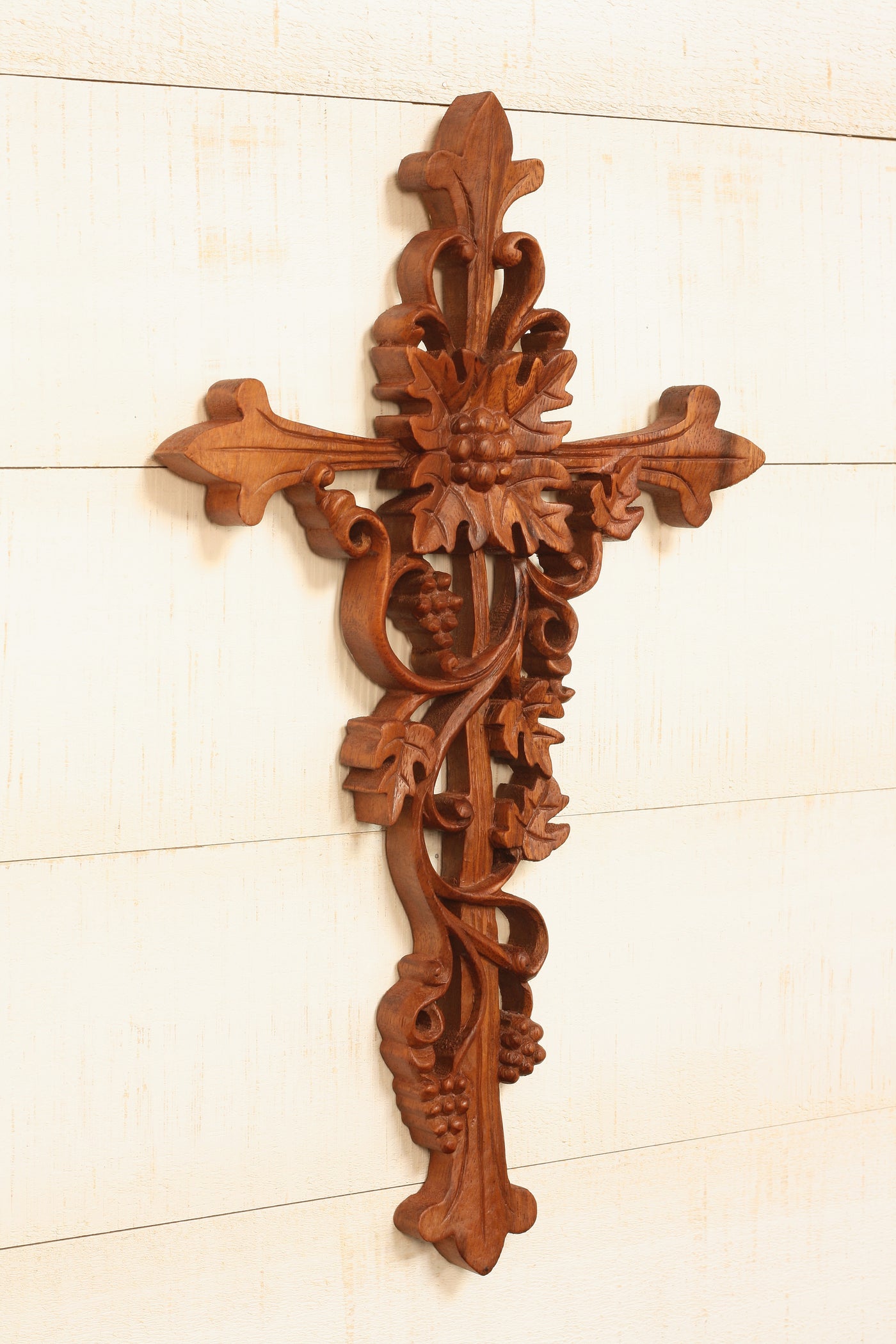 16" Wooden Hand Carved Curling Vines Cross Wall Plaque Relief Panel Hanging Sculpture Handcrafted Gift Art Home Decor Accent Decoration Handmade