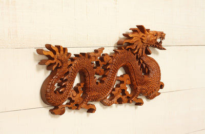 16" Wooden Dragon Wall Hanging Hand Carved Relief Plaque Statue Sculpture Handcrafted Gift Art Home Decor Figurine Accent Decoration Handmade