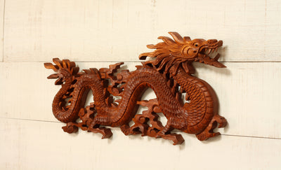 16" Wooden Dragon Wall Hanging Hand Carved Relief Plaque Statue Sculpture Handcrafted Gift Art Home Decor Figurine Accent Decoration Handmade