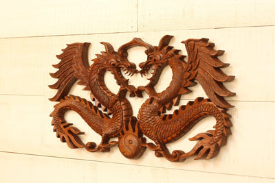 16" Wooden 2 Dragons Wall Hanging Hand Carved Relief Plaque Statue Sculpture Handcrafted Gift Art Home Decor Figurine Accent Decoration Handmade