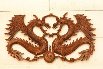 16" Wooden 2 Dragons Wall Hanging Hand Carved Relief Plaque Statue Sculpture Handcrafted Gift Art Home Decor Figurine Accent Decoration Handmade