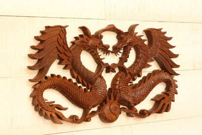 16" Wooden 2 Dragons Wall Hanging Hand Carved Relief Plaque Statue Sculpture Handcrafted Gift Art Home Decor Figurine Accent Decoration Handmade