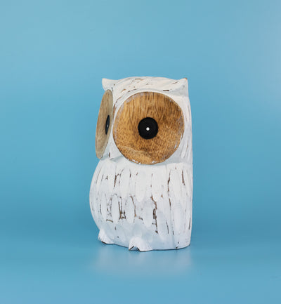 Handmade White-Washed Wooden Owl Statue Figurine Hoot Sculpture Art Home Decor Accent Handcrafted Decoration