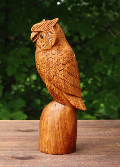 Wooden Handmade Owl Standing on a Tree Branch Statue Figurine Handcrafted Art Home Decor Hoot Sculpture Hand Carved Accent Decoration