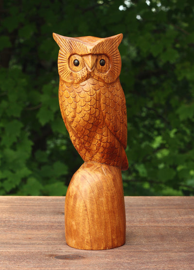 Wooden Handmade Owl Standing on a Tree Branch Statue Figurine Handcrafted Art Home Decor Hoot Sculpture Hand Carved Accent Decoration