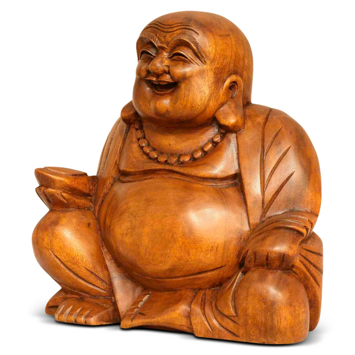 Wood carved retailer Engraved vintage Laughing Buddha Statue Figurine Decor 10” tall